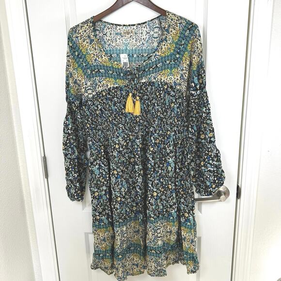 NWT One World Knee-Length Boho Floral Dress Tassels Smocking Women’s L - Picture 1 of 11